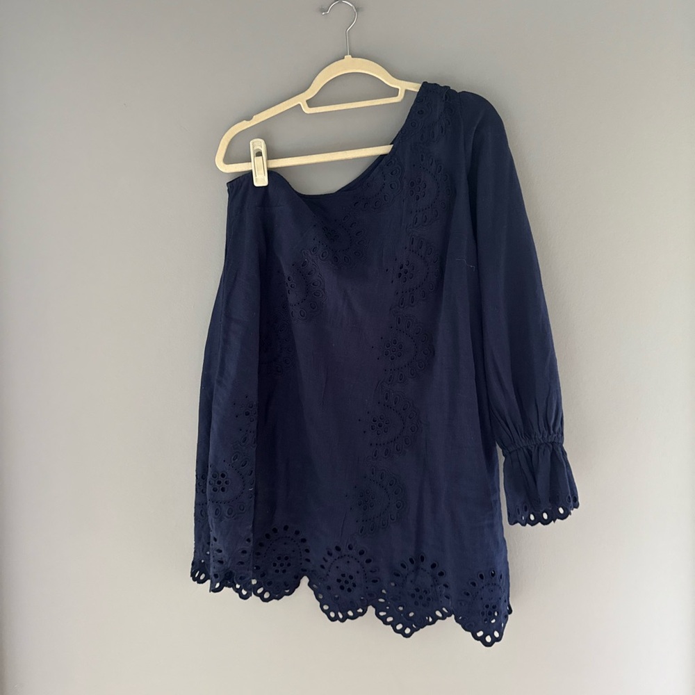 Hill House Navy Eyelet One-Shoulder Mini Dress
